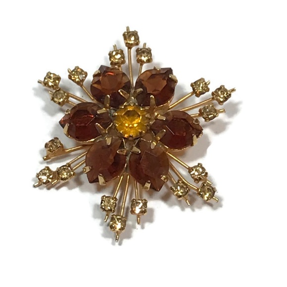 Jewelry - Vintage Austria Starburst Amber Rhinestone Brooch